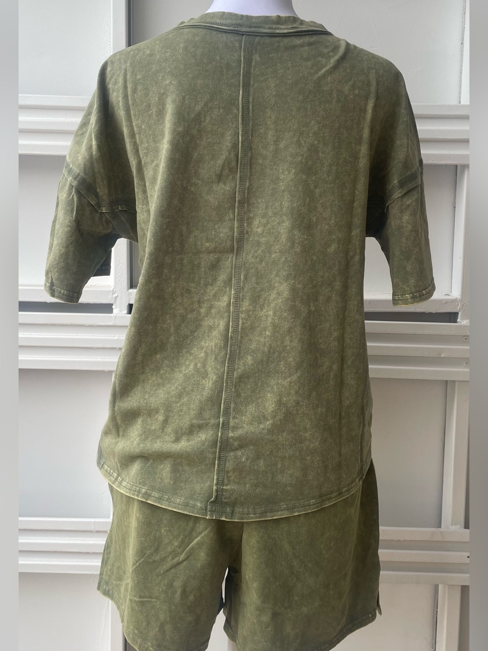 Zenana- Washed 2 piece Short and Shirt Set- Olive Green - Picture 4 of 4